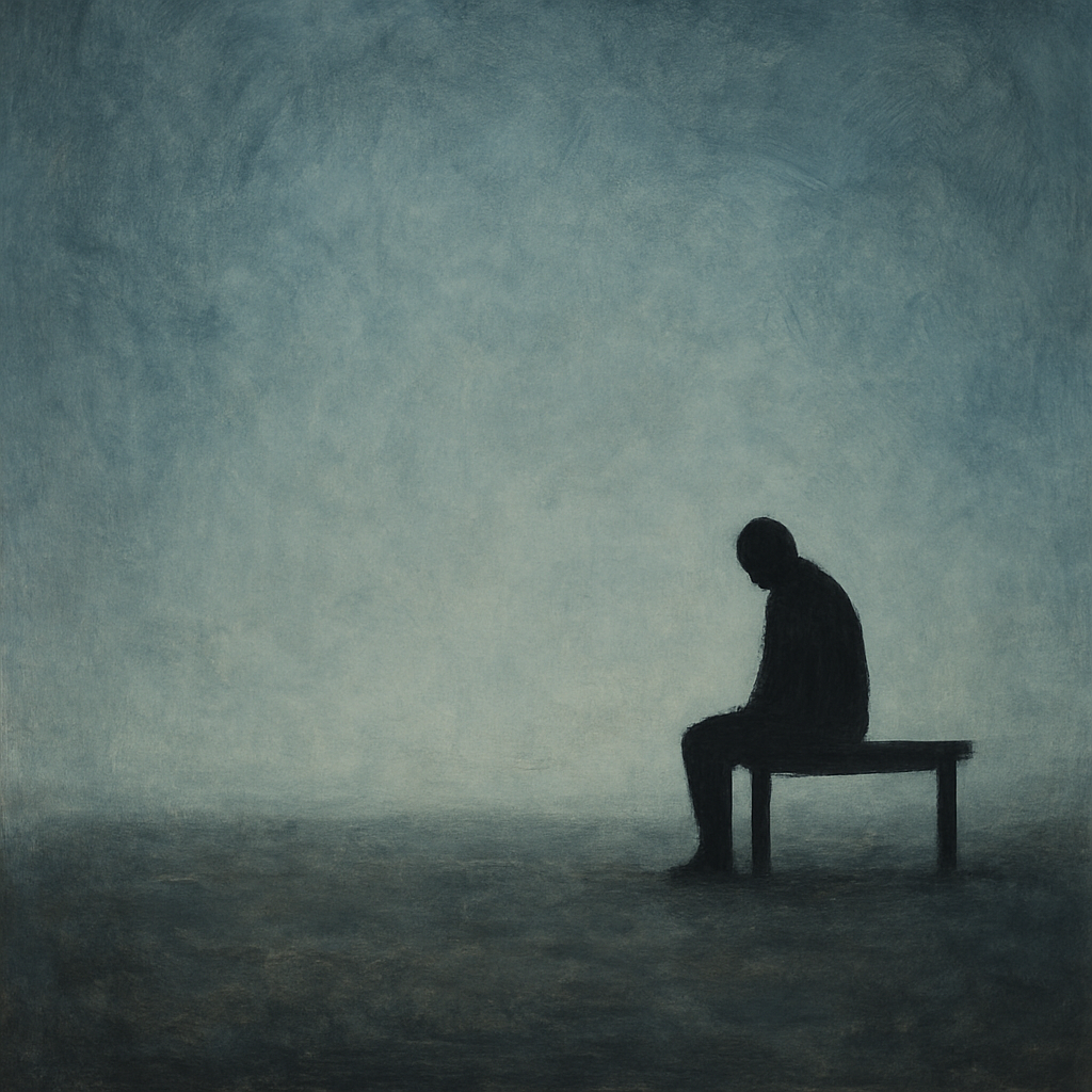 A solitary figure sits hunched on a bench in a vast, empty space, symbolizing deep loneliness and isolation