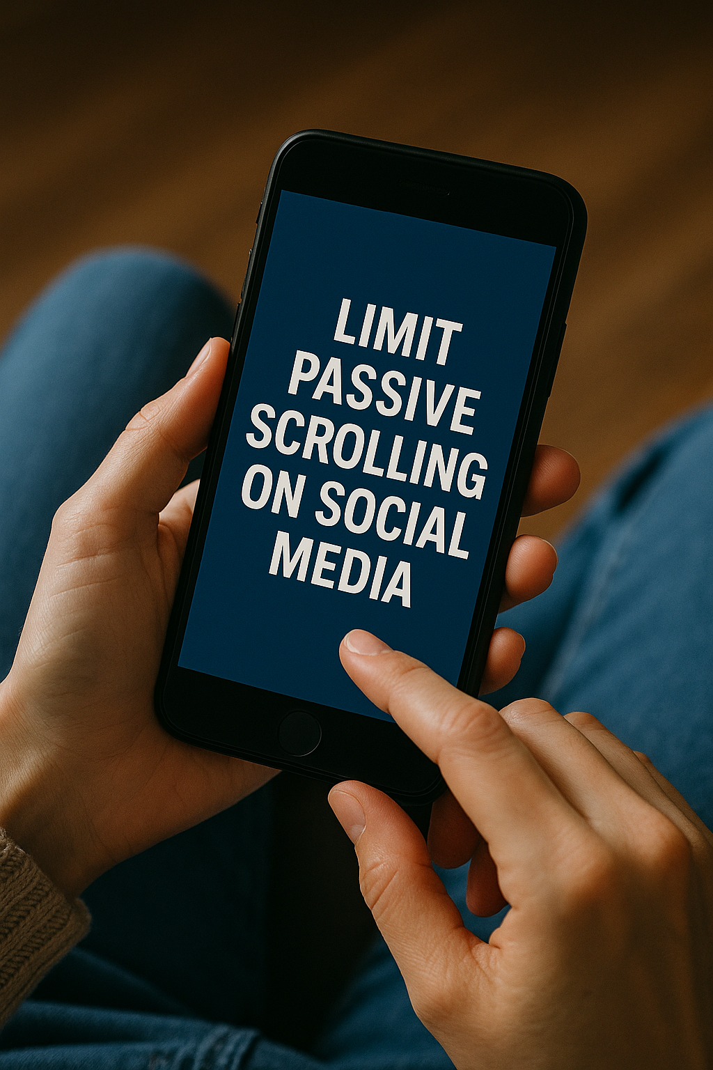 Person holding smartphone displaying message to limit passive scrolling on social media — digital wellness, screen time awareness, smartphone habits