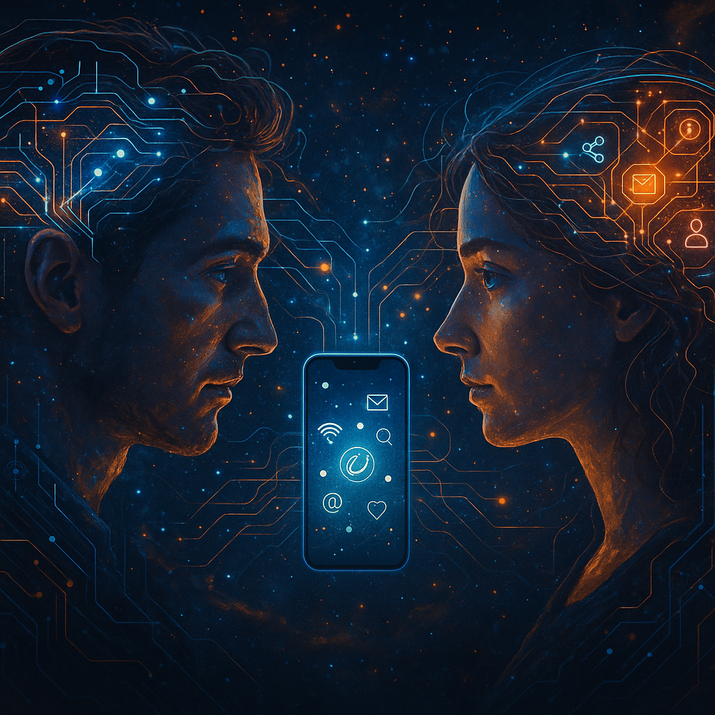 A surreal digital artwork of a man and woman connected by glowing neural threads and circuits, facing each other with a smartphone between them emitting digital communication symbols, set in a cosmic space
