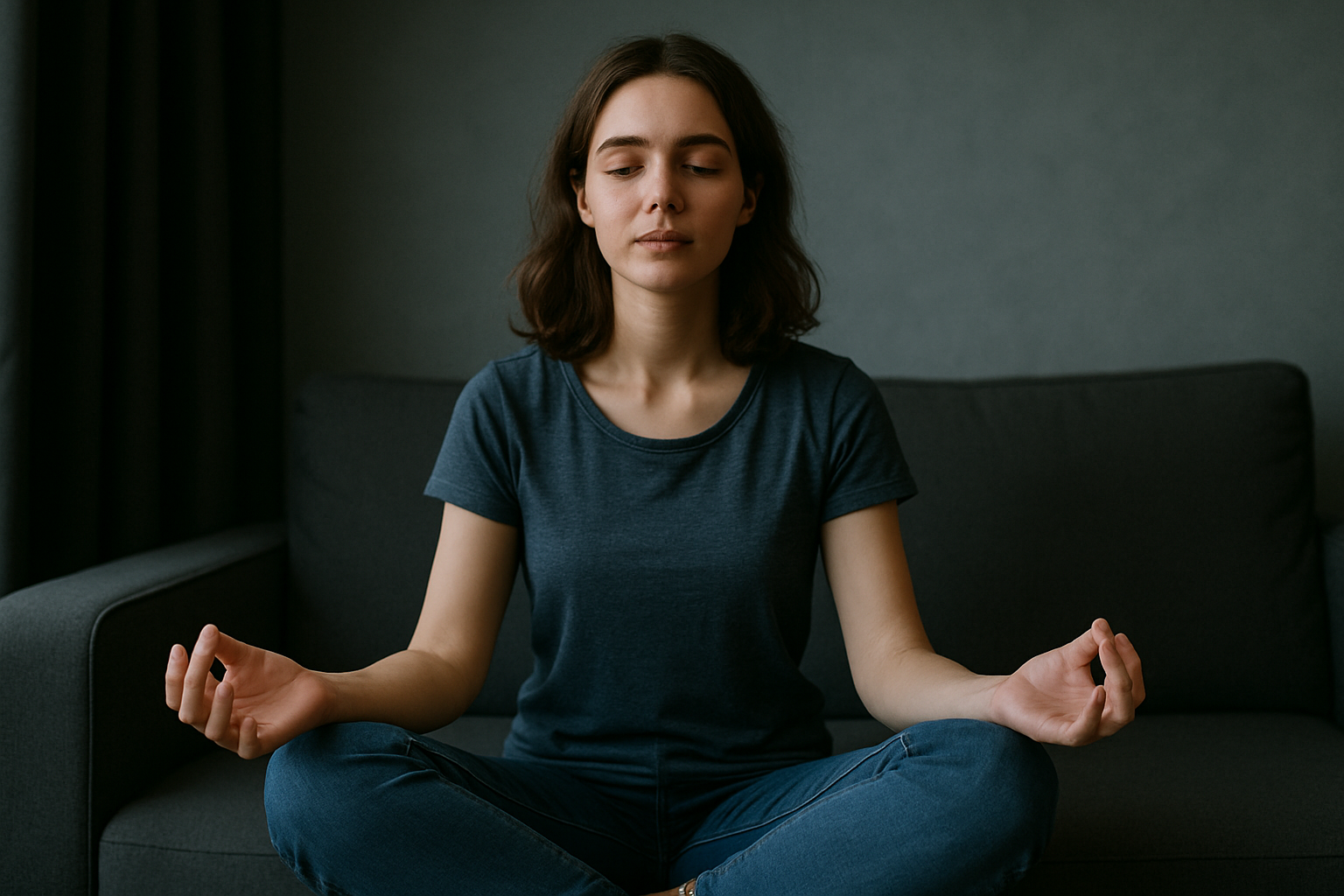 A calm young woman meditating peacefully, focused on healing and mindfulness away from screens