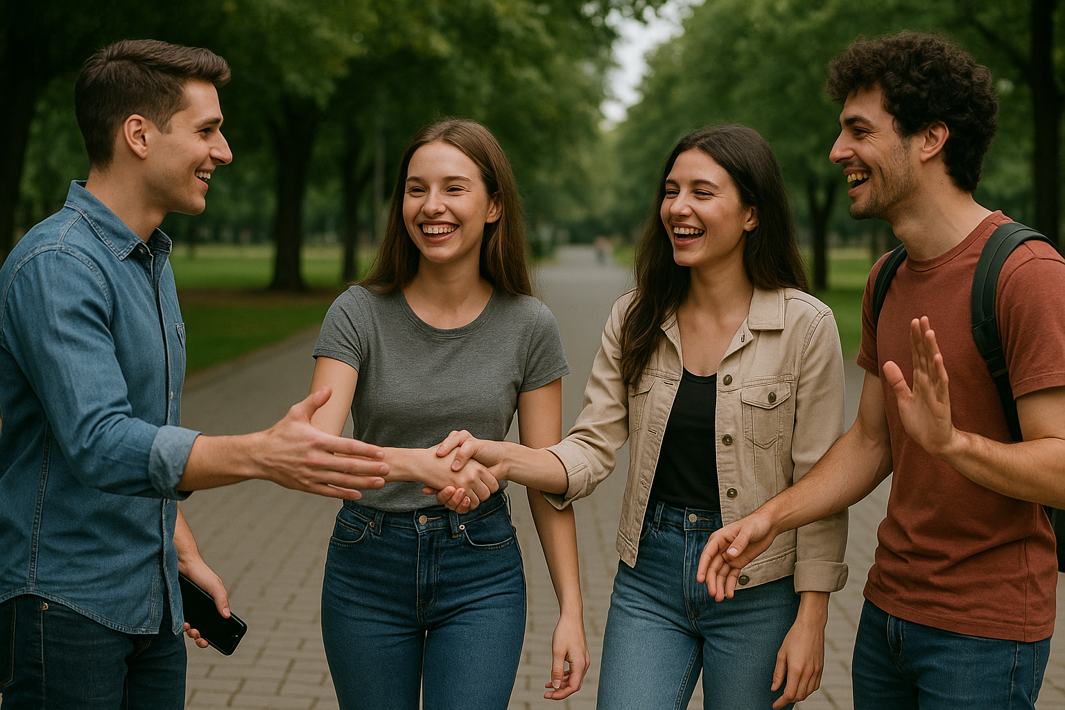 A happy group of young adults meeting and smiling in person, enjoying real-life human connection