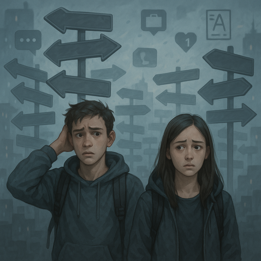 Two anxious teenagers stand at a crossroads filled with confusing signs, symbolizing youth indecision and mental overload in modern society.