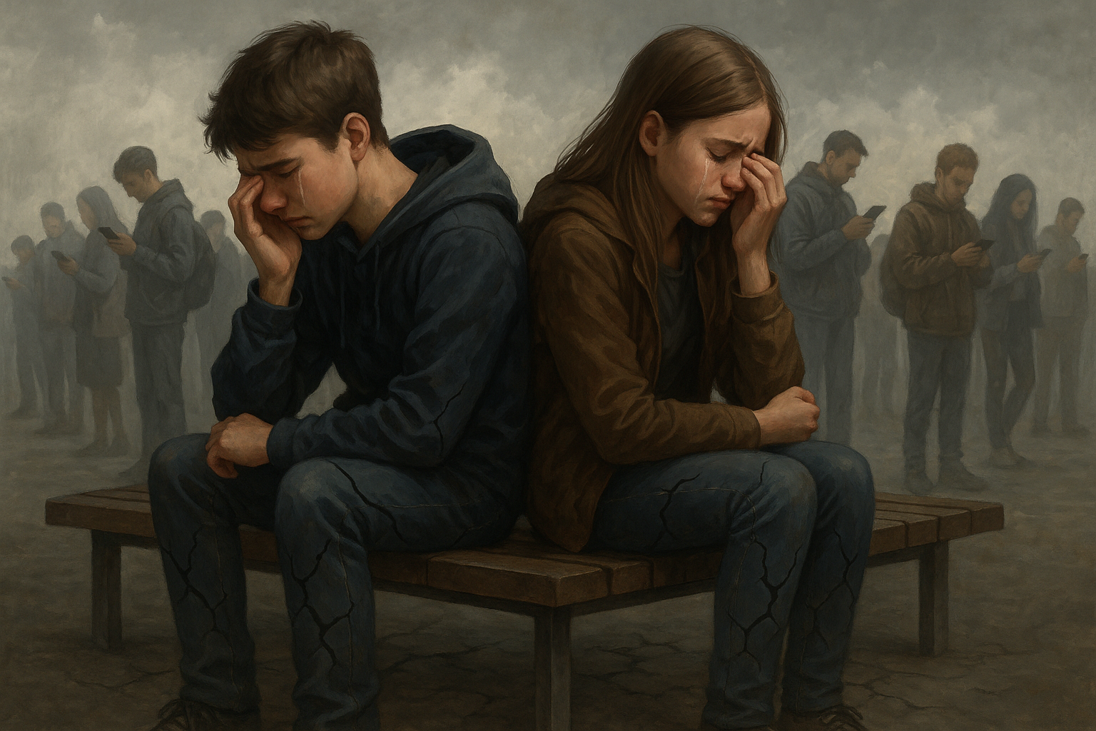 Emotionally fragile teens sitting back-to-back in silent pain amid a distracted crowd — symbolizing today’s youth mental health crisis