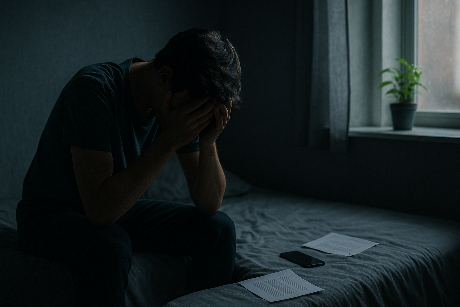 "Young person overwhelmed by emotional triggers sitting alone in dim room with signs of distress and faint light symbolizing hope"