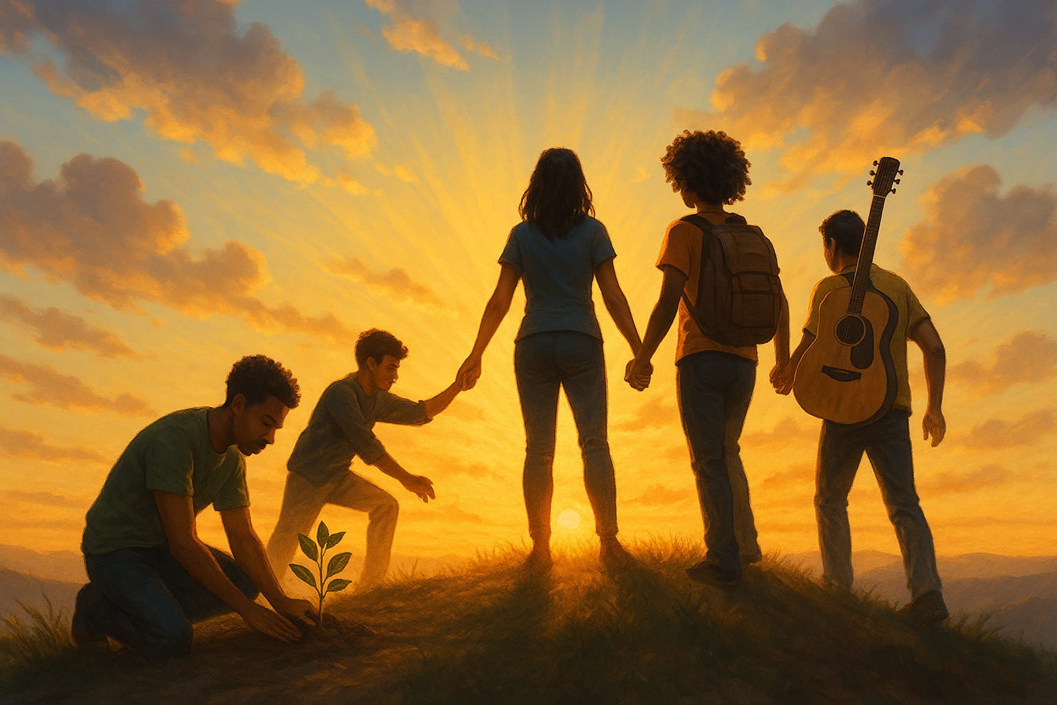 A group of young people stand united on a hilltop at sunrise, planting seeds and lifting each other, symbolizing resilience, hope, and shared purpose.