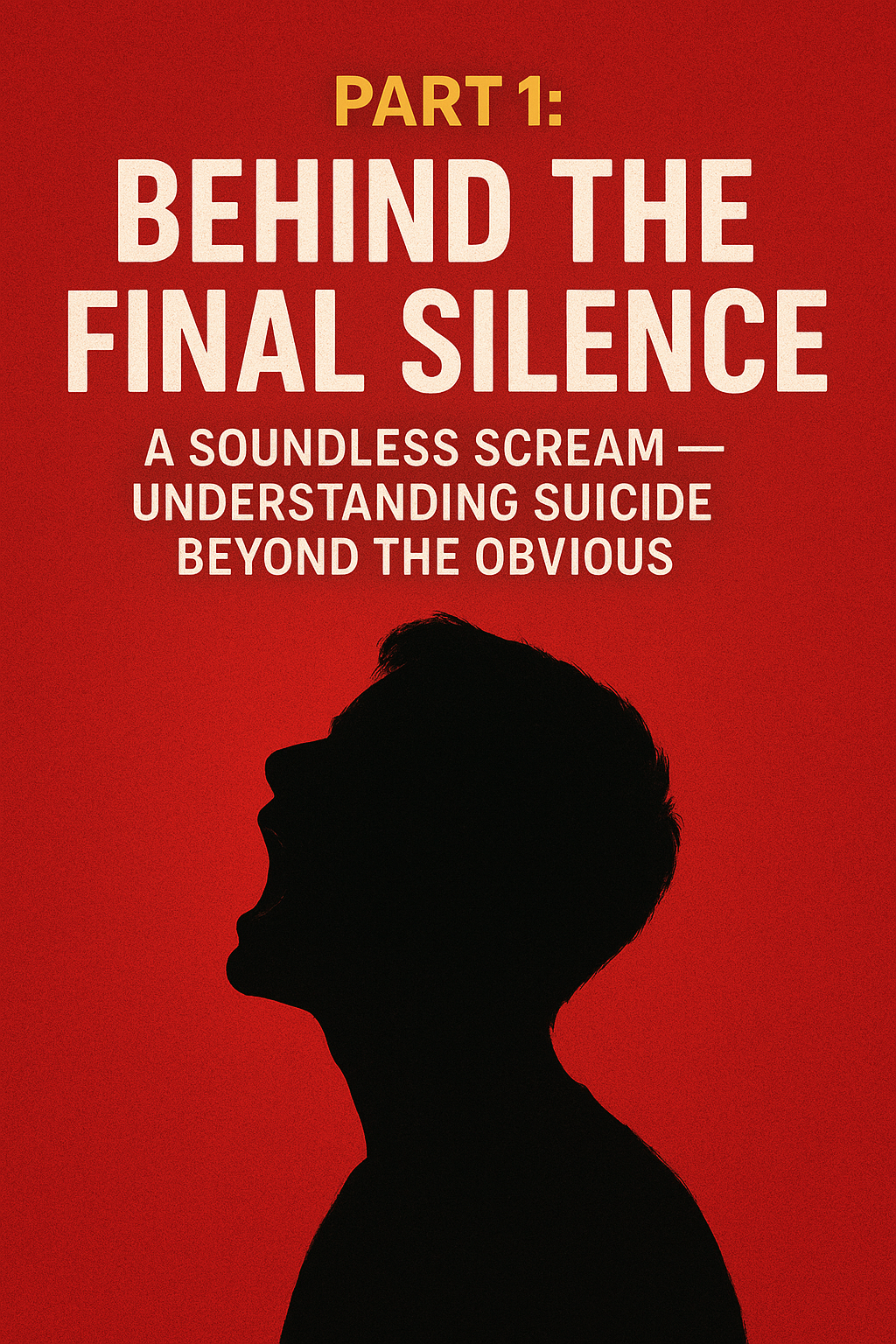 Silhouette of a screaming figure on a red background with the title "Behind the Final Silence – A Soundless Scream: Understanding Suicide Beyond the Obvious