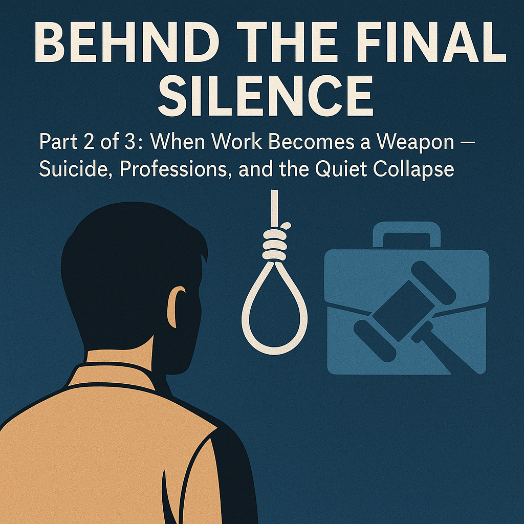 Man facing a noose and briefcase, symbolizing job-related suicide, burnout, and mental health crisis in professional careers.”