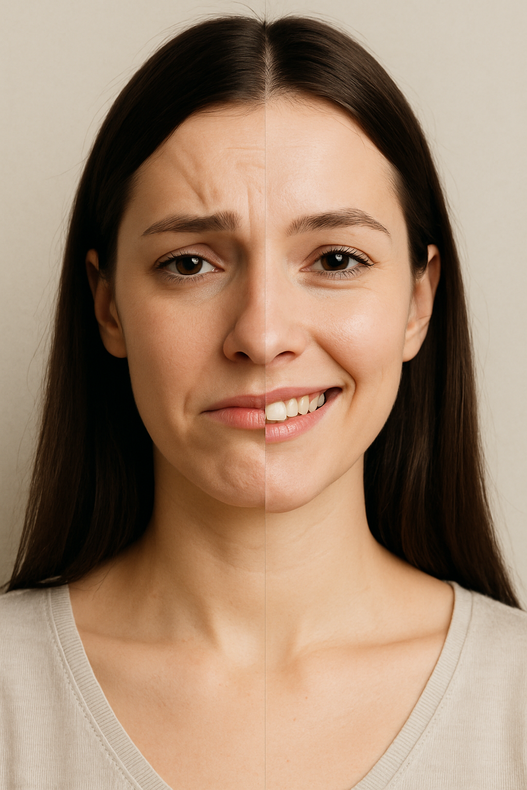 An image showing face of a young lady split in two halves showing left half sad and right one happy