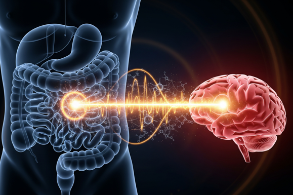 A conceptual diagram showing a strong, glowing connection between the human digestive system and the brain, illustrating the gut-brain axis. Conceptual image of the Gut-Brain Axis.