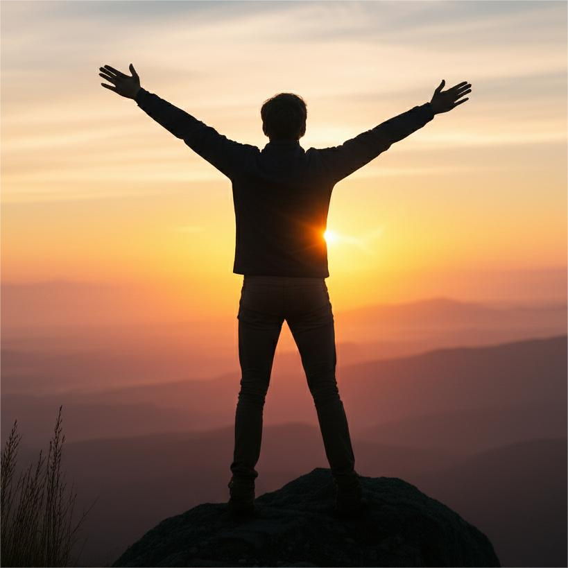 A person standing on a mountain peak with arms raised, silhouetted against a beautiful sunrise or sunset