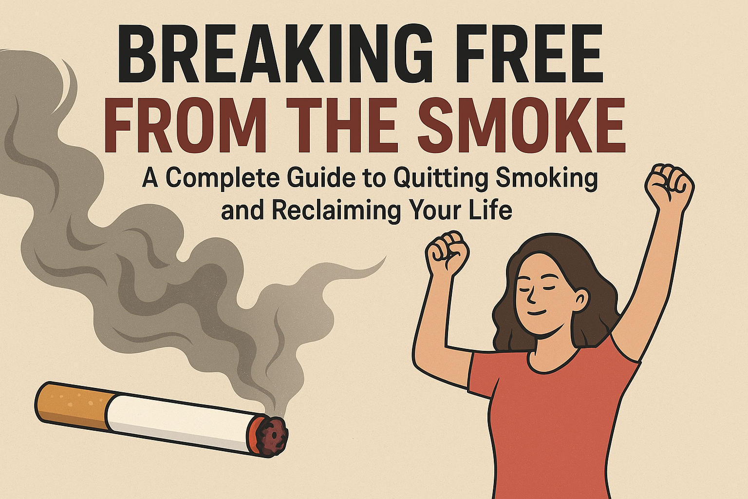 Illustration of a woman celebrating freedom from smoking with a cigarette and smoke fading away – Breaking Free from the Smoke: A Complete Guide to Quitting Smoking