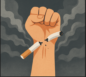 Illustration of a clenched fist breaking a cigarette in half with smoke in the background, symbolizing quitting smoking and reclaiming life