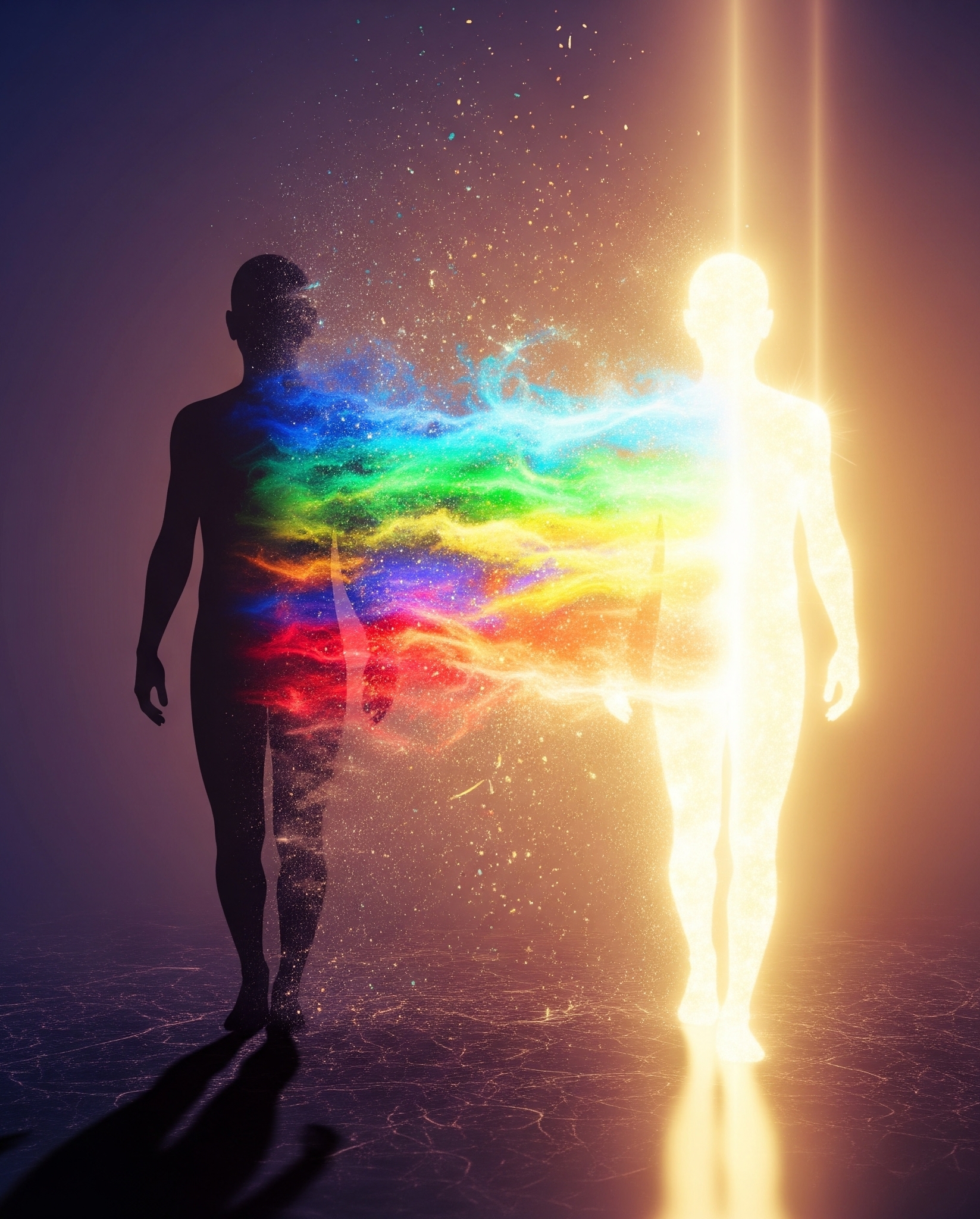 Silhouette dissolving into light with rainbow energy, symbolizing transformation and rebirth