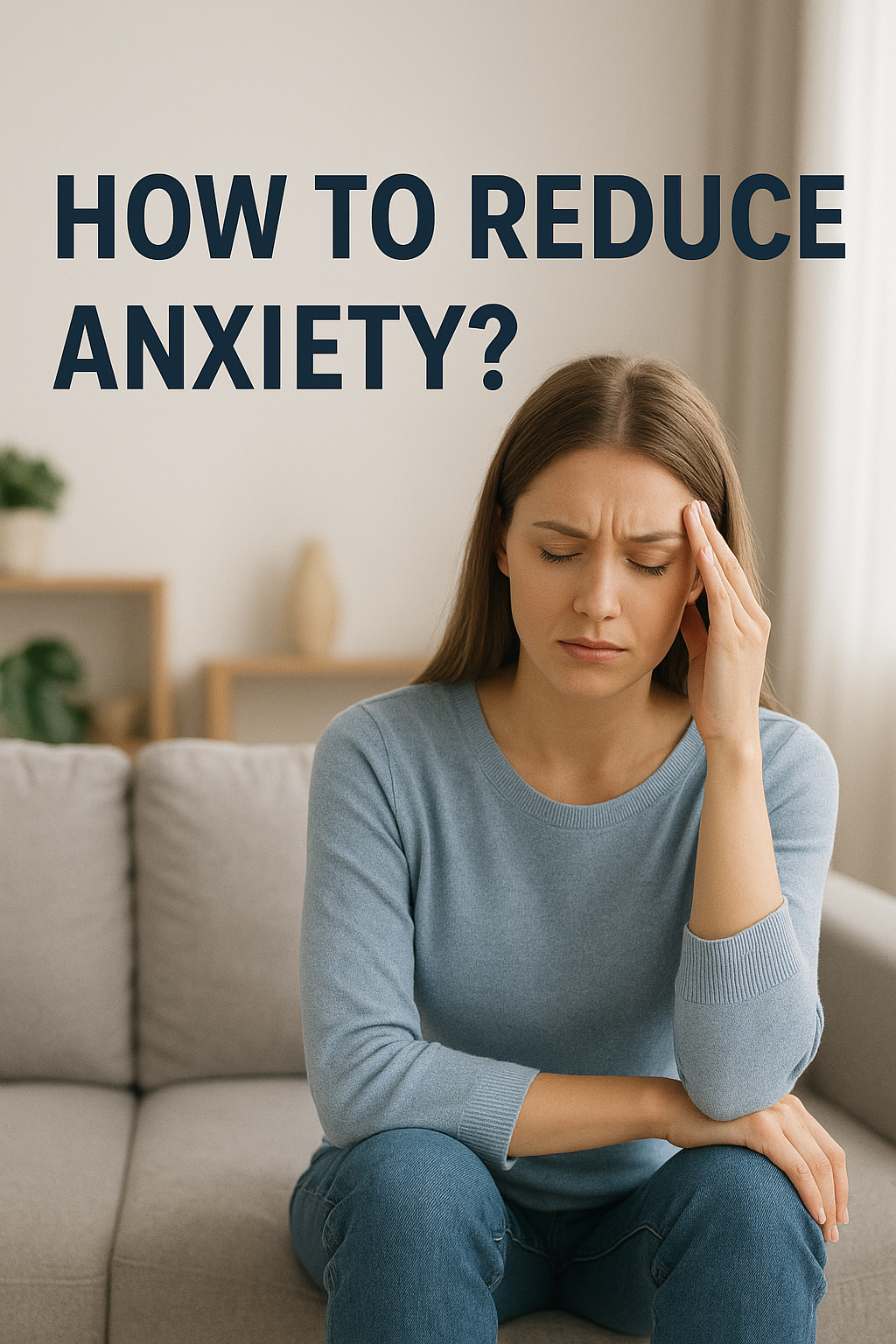 Stressed woman sitting on sofa holding her head, depicting anxiety symptoms and stress relief