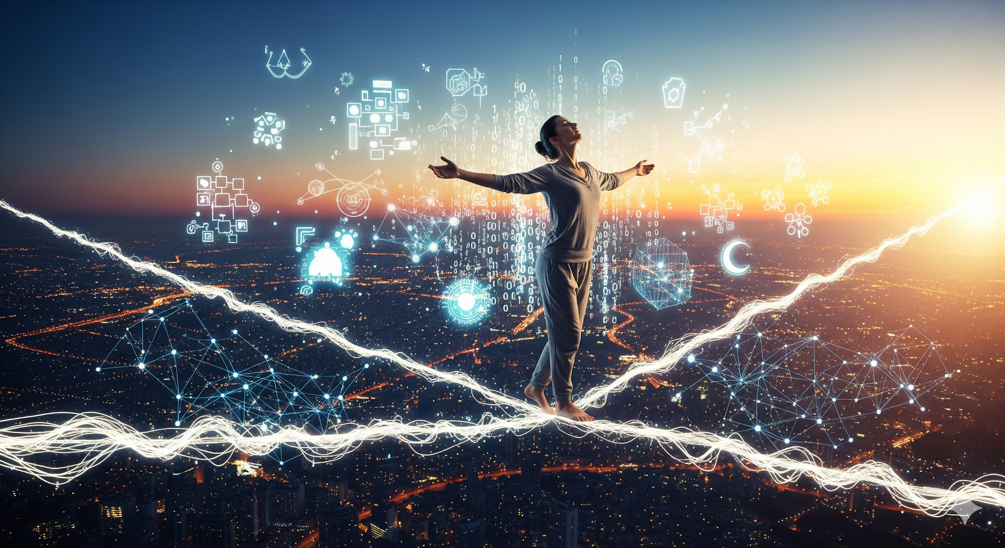 A person stands balanced on a tightrope made of glowing digital circuits, serene amidst a bustling city. The image symbolizes finding peace and balance in a hyperconnected world