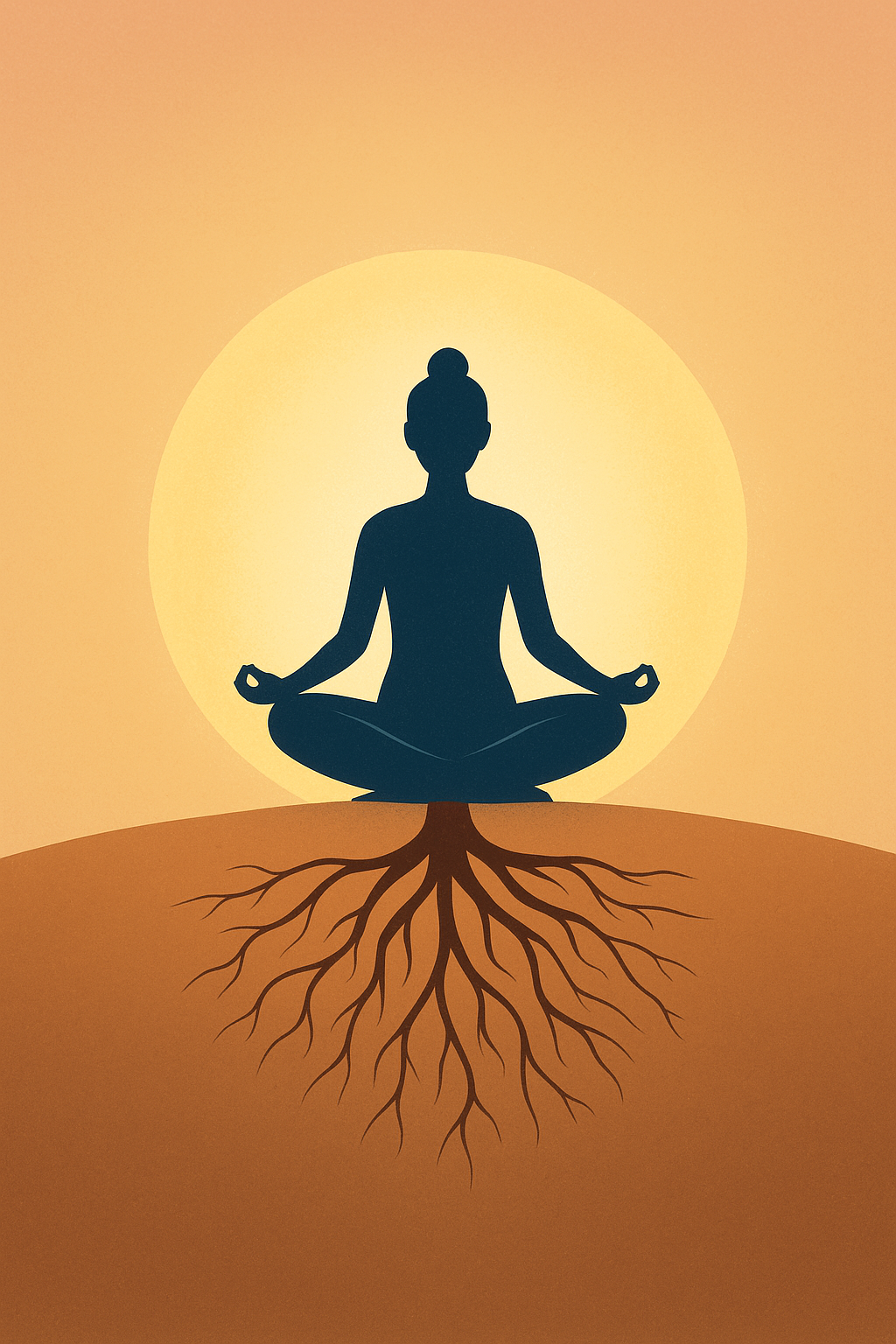Person meditating inside glowing sphere with strong roots symbolizing self-worth