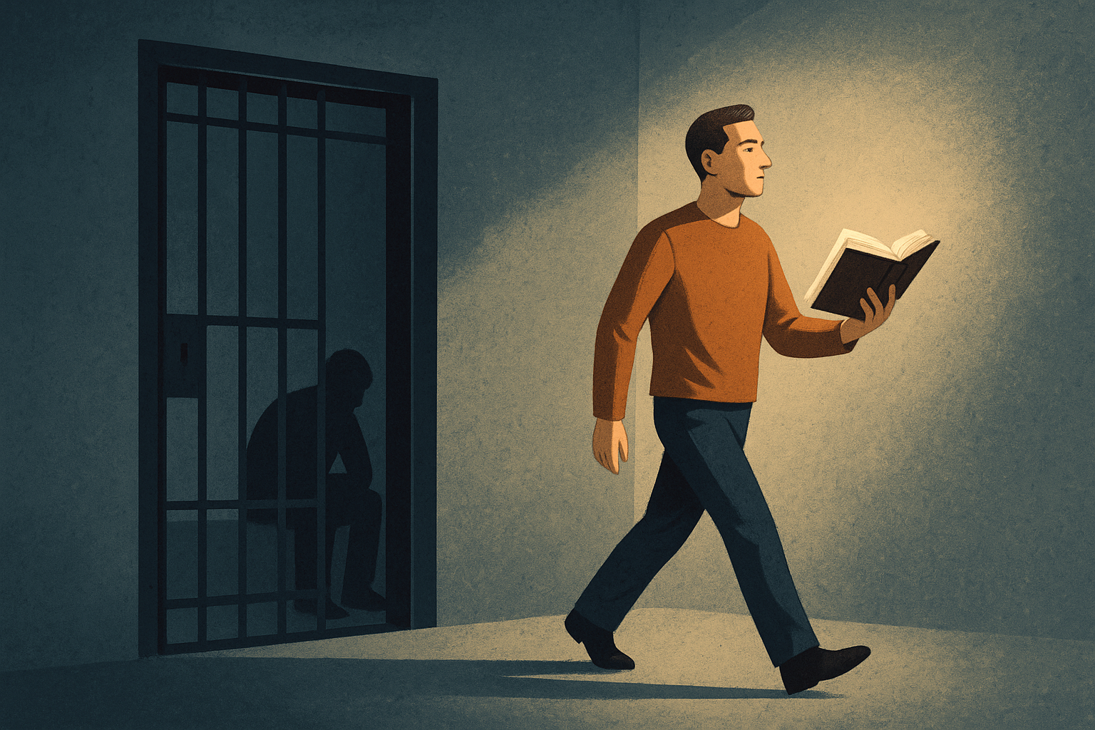 Illustration of a man walking out of a prison cell holding an open book, symbolizing transformation through learning and resilience