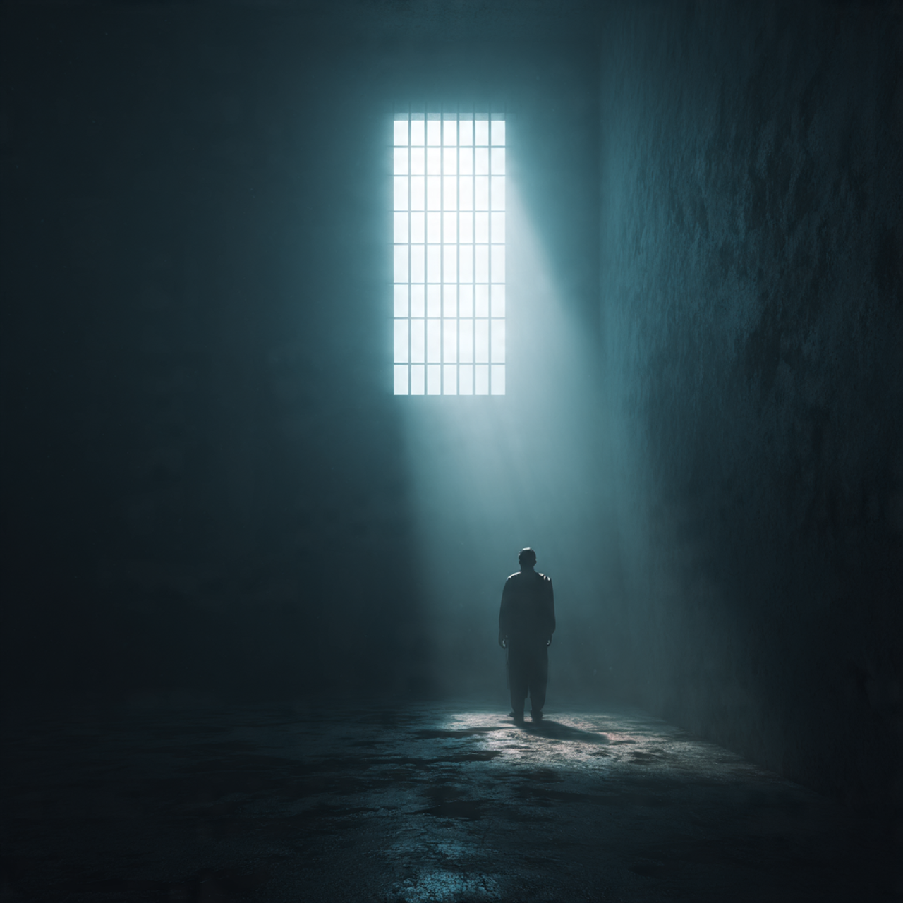 A silhoette of a man standing in a dark prison facing the window through which white light of freedom enters