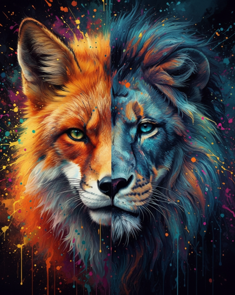 An image of a fave of an animal with left half of fox and right of a lion
