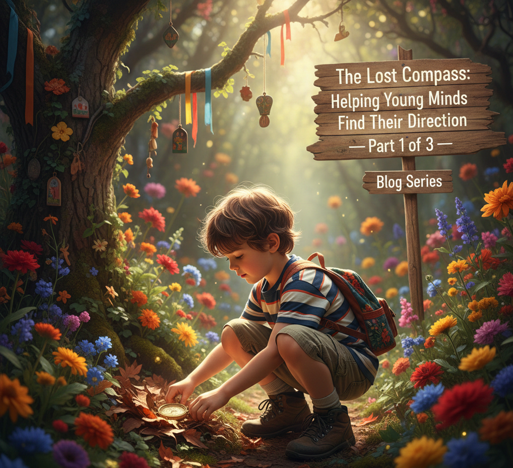 A young boy discovering his lost compass