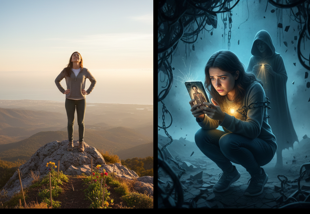 A girl comparing herself with a succesful symbolically reaching atop hill