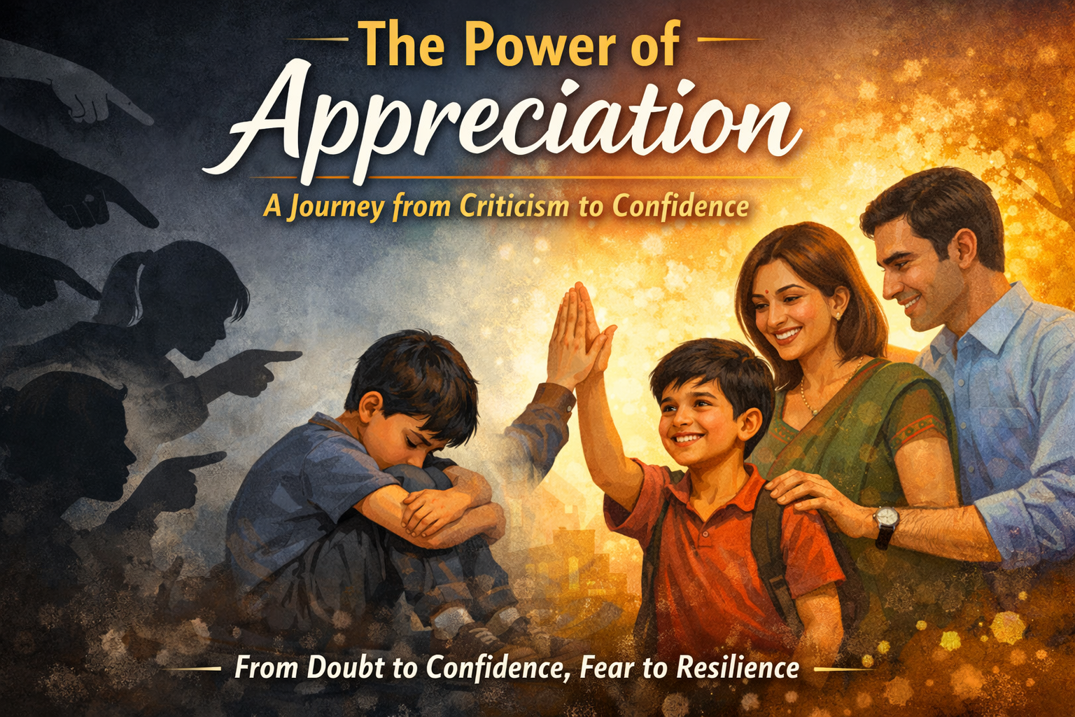 2 stages of a young boy. one sad without appreciation and the other beaming with parents and teachers appreciating