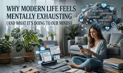 Modern Life is Exhausting An anxious lady sitiing down on a carpet surrounded with a lot of pending jobs as files and a laptop blurting out notifications busy scrolling on at her mobile