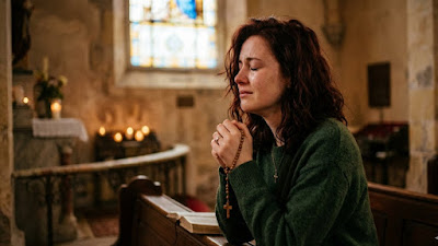 A woman of 27 praying with a rosary and crying