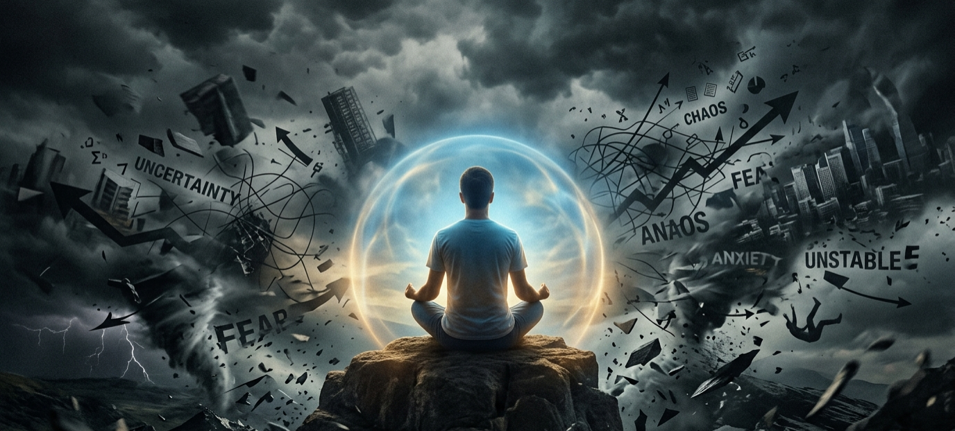 A Silhouette of a man sitting in a meditation lotus pose on a raised platform looking at a bright sphere of stability while all around him is the darkness of noise containing fear anxiety and chaos