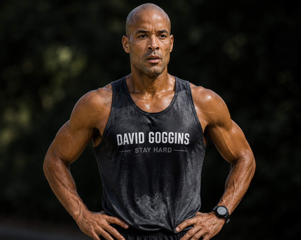 David Goggins stands outdoors after an intense workout, wearing a sweat-soaked black tank top with "David Goggins – Stay Hard" printed on it. With hands on his hips, a focused expression, and defined muscular physique, he appears to be recovering after a demanding run against a blurred natural background.
