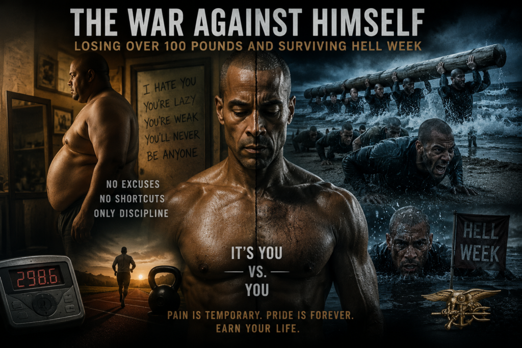 Dramatic collage symbolizing David Goggins' journey from an obese pest control worker to a Navy SEAL, featuring weight loss, intense training, Hell Week, and mental resilience