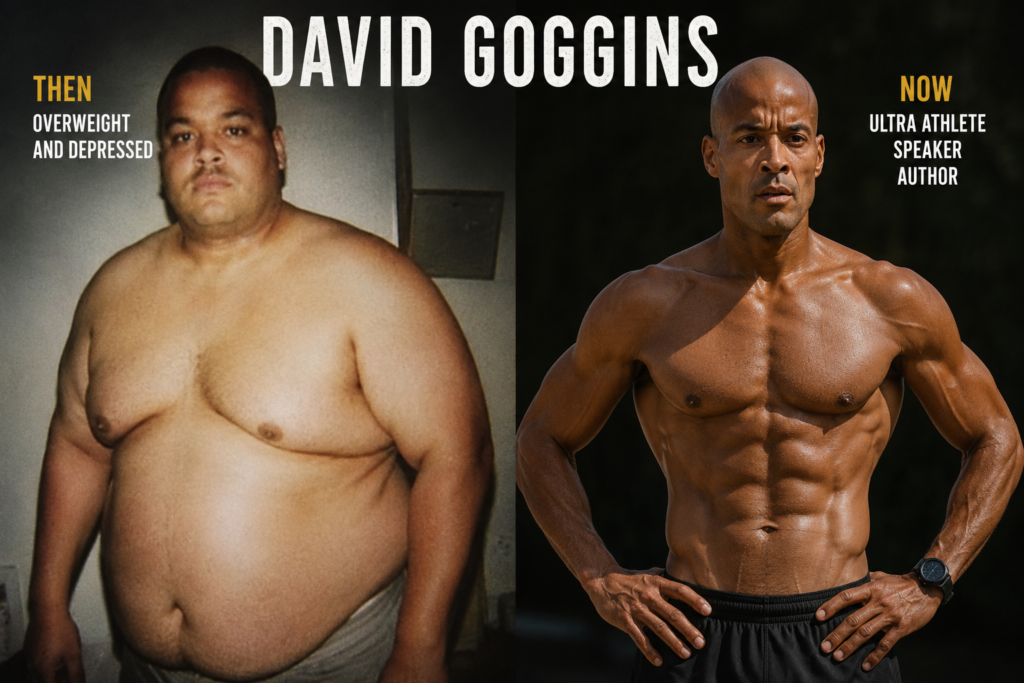 Before-and-after transformation of David Goggins, showing him as an overweight, depressed young man on the left and as a lean, muscular ultra-endurance athlete, speaker, and author on the right, illustrating his remarkable physical and mental transformation.