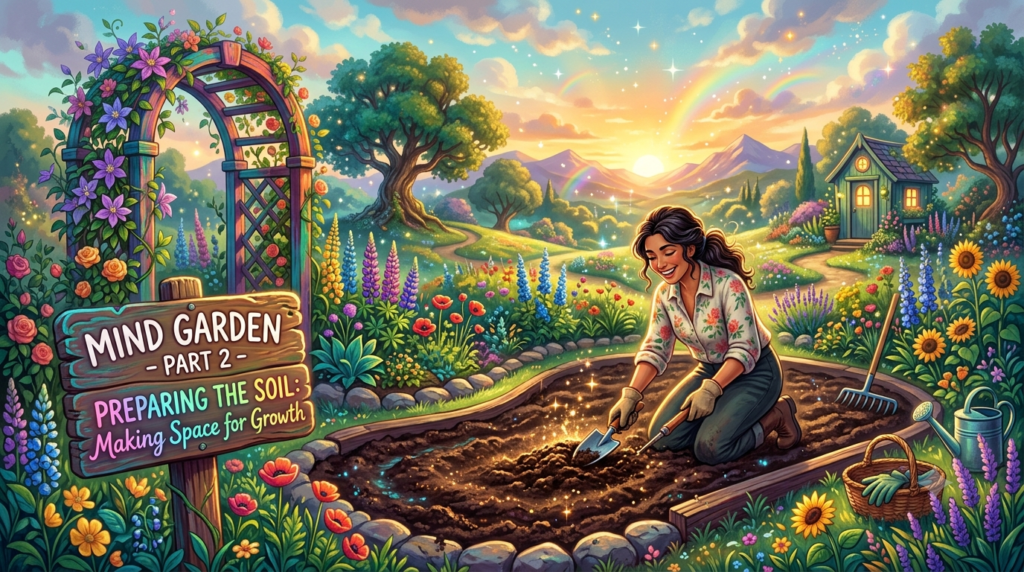 An illustration of a woman preparing the soil in a blooming, magical landscape with a rustic sign that reads "Mind Garden - Part 2 - Preparing the Soil: Making Space for Growth