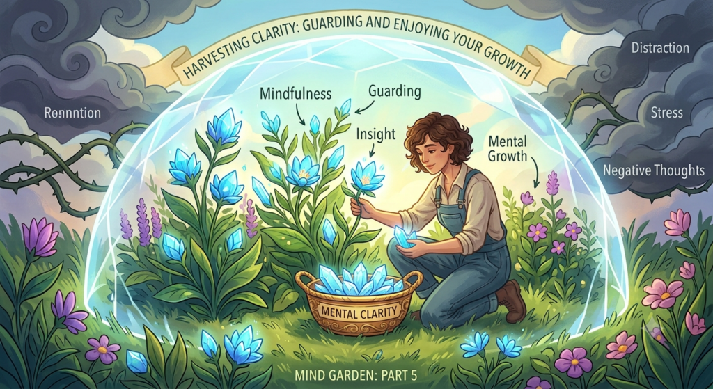 Harvesting Clarity- An idyllic garden landscape split between overgrown weeds with negative labels like 'Stress' and 'Anxiety' on the left, and flourishing flowers on the right. In the center, a golden light cluster with floating 'Clarity' and 'Peace' orbs glows above a trowel. A wooden sign reads 'Mind Garden: Part 5 – Harvesting Clarity: Guarding and Enjoying Your Growth