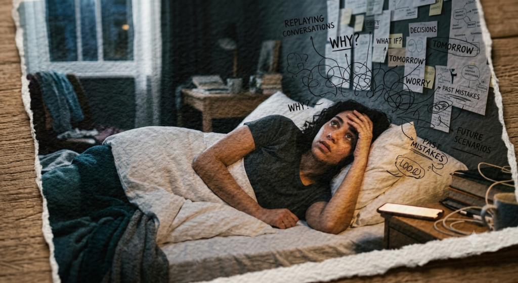 Digital artistic illustration of a woman lying awake in bed at night, surrounded by glowing thoughts and scribbled floating text representing overthinking and mental noise.