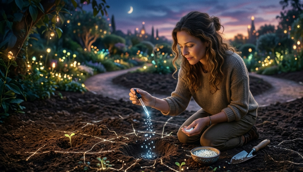 Seeding the Mind - A woman carefully seeding the mind by dropping glowing, ethereal seeds into fertile soil, symbolizing the intentional planting of new thoughts and ideas in a peaceful garden at dusk.