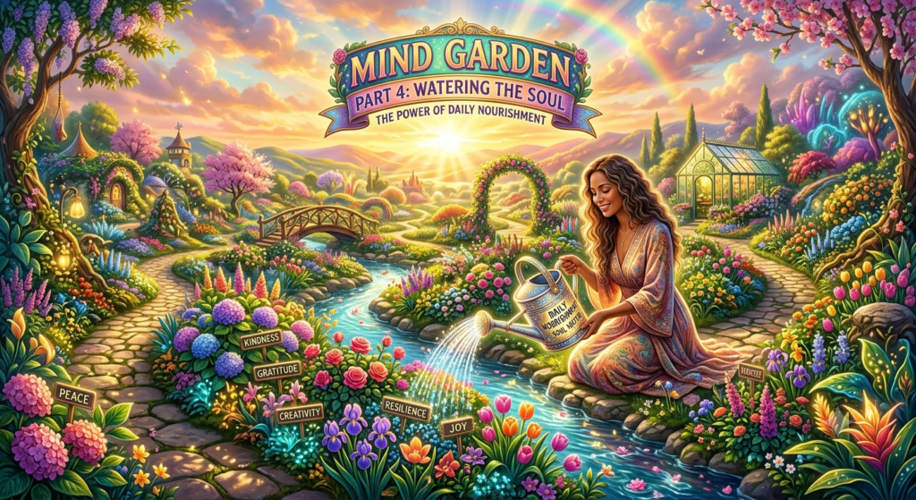 Watering the Soul
A vibrant, enchanting fantasy garden landscape illustration under a warm, glowing sunrise.
In the upper center, an ornate decorative banner reads "MIND GARDEN - PART 4: WATERING THE SOUL - THE POWER OF DAILY NOURISHMENT" in elegant lettering, framed by a soft rainbow in the sky.
On the right, a woman with long, wavy dark hair and a flowing, patterned dress kneels gracefully by a winding, sparkling river. She smiles as she tips a glowing silver watering can, pouring shimmering water onto a lush bed of flowers. Small wooden signs are nestled among the colorful blossoms, labeled with words like "PEACE," "KINDNESS," "GRATITUDE," "CREATIVITY," "RESILIENCE," and "JOY."
The surrounding garden is filled with cobblestone pathways, a quaint arched bridge over the stream, blooming cherry blossoms, a cozy glass greenhouse in the background, and distant rolling hills, all bathed in a warm, ethereal light.