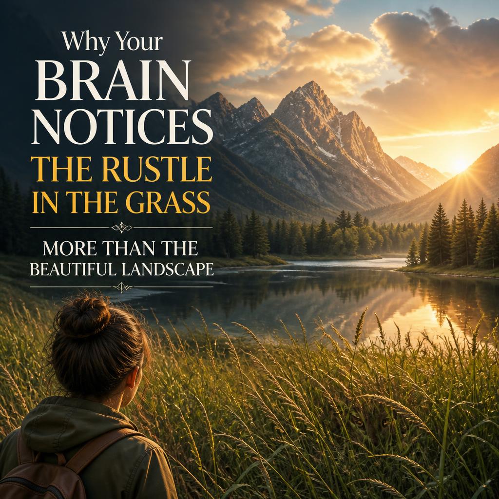 The Negativity Bias: An atmospheric outdoor photo featuring a woman from behind, wearing a brown jacket, facing a scenic mountain landscape with a calm river and tall grass. Overlaid on the image is the large text, "Why Your BRAIN NOTICES THE RUSTLE IN THE GRASS MORE THAN THE BEAUTIFUL LANDSCAPE."
