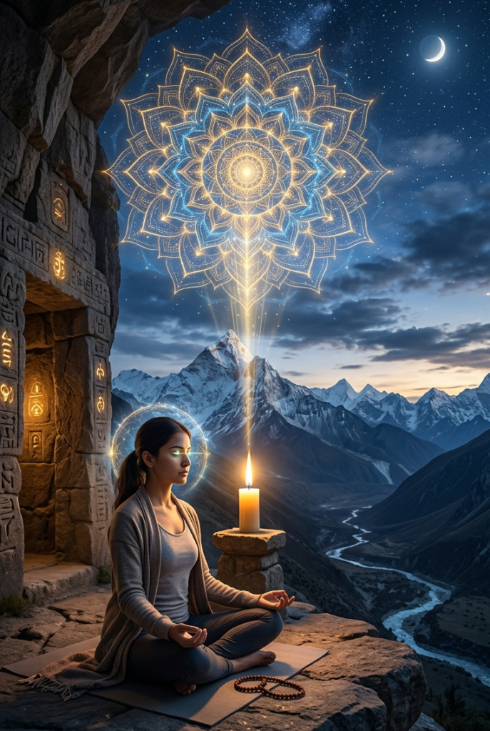 A woman in yoga attire meditates on a Himalayan cliff at night with a halo and glowing third eye, facing a candle. Above her, a grand, glowing blue and gold fractal mandala hovers in the starry night sky over the snow-capped mountains.