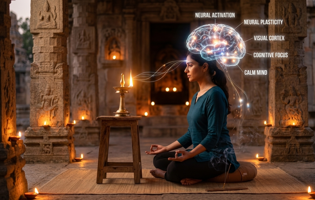 Trataka Meditation: A woman meditates on a flame in an ancient temple, with a glowing brain overlay illustrating Trataka's effects on neural plasticity, visual cortex, cognitive focus, and neural activation.