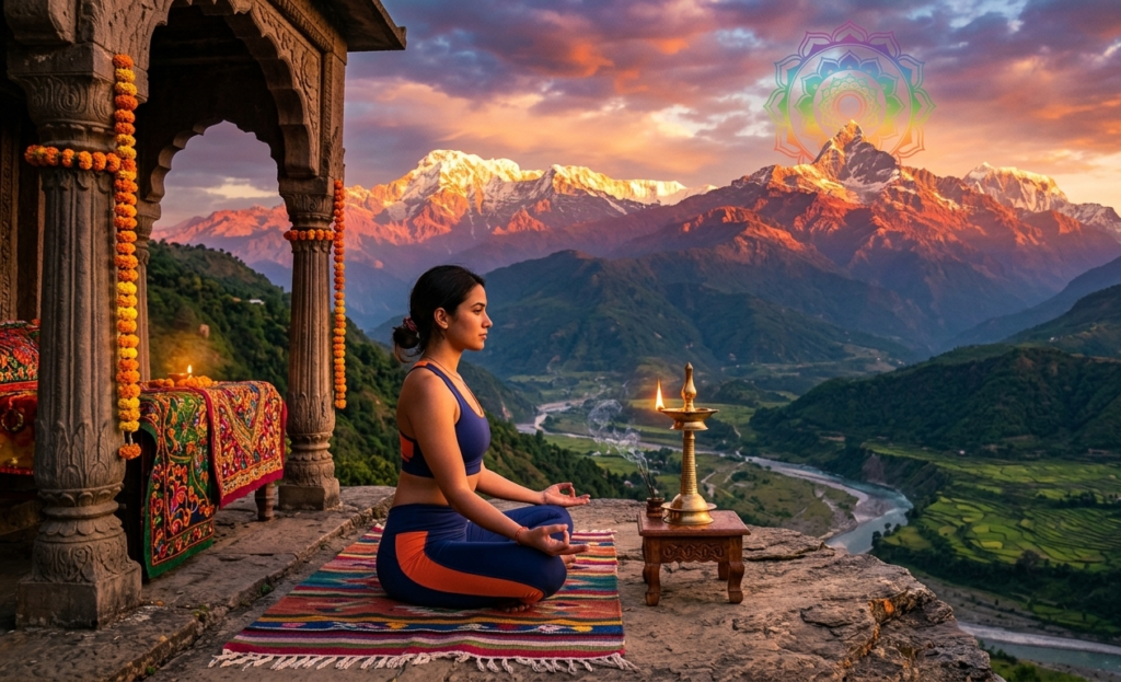 Trataka Practice: A woman in blue and orange yoga clothes sits in meditation pose (Padmasana) on a rug on a mountain outcrop, gazing steadily doing Trataka, at the flame of a traditional brass oil lamp. The background is a dramatic Himalayan sunset with snow-capped peaks and colorful clouds. An ancient stone archway adorned with marigolds and textiles is on the left