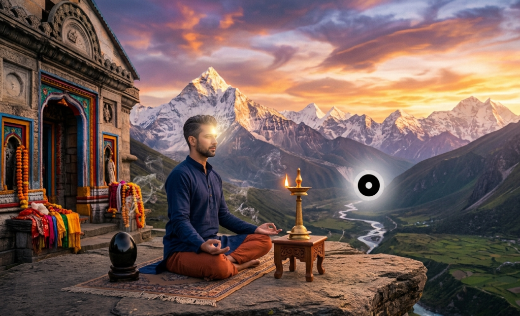 A male yogi meditates on a Himalayan cliff at sunset, choosing between different types of Trataka. Visually represented options include an external oil lamp, a green geometric yantra, and a central bindu (point) focus.