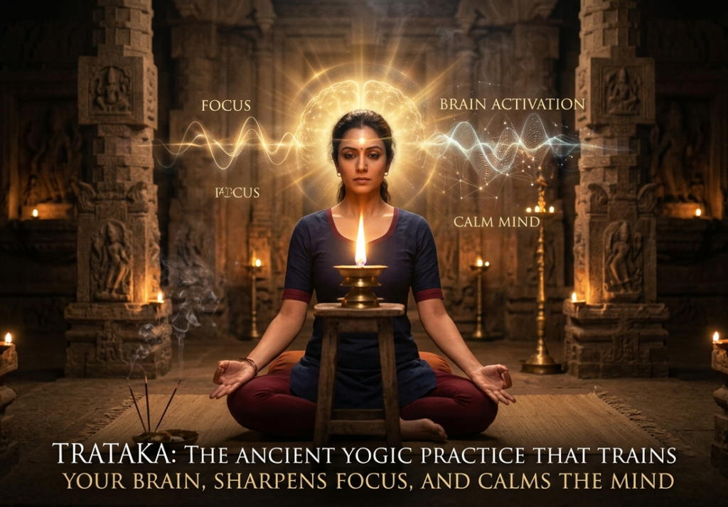 Woman practicing Trataka candle flame meditation in a temple, with glowing brain activity graphics illustrating focus and calm mind.