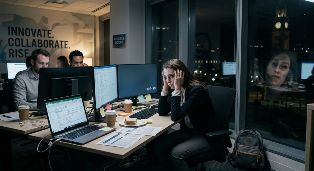 Work Life Balance:An office worker with dark circles under her eyes holding her head. Her expression is stressed, and she sits at her desk at 10:30 PM with other coworkers in the back. The background features a large wall text in black saying "INNOVATE. COLLABORATE. RISE" next to a smaller poster that says "FLEXIBLE HOURS". The image shows a sandwich and dynamic screens to depict work-life imbalance.