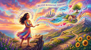 Vibrant digital artwork of a woman standing on a cliff, unleashing a glowing rainbow trail that symbolizes positive thinking and the power to manifest love, travel, and success.