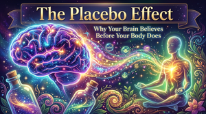 A vibrant artwork depicting a glowing brain sending streams of colorful light to a meditating human silhouette to represent the placebo effect.