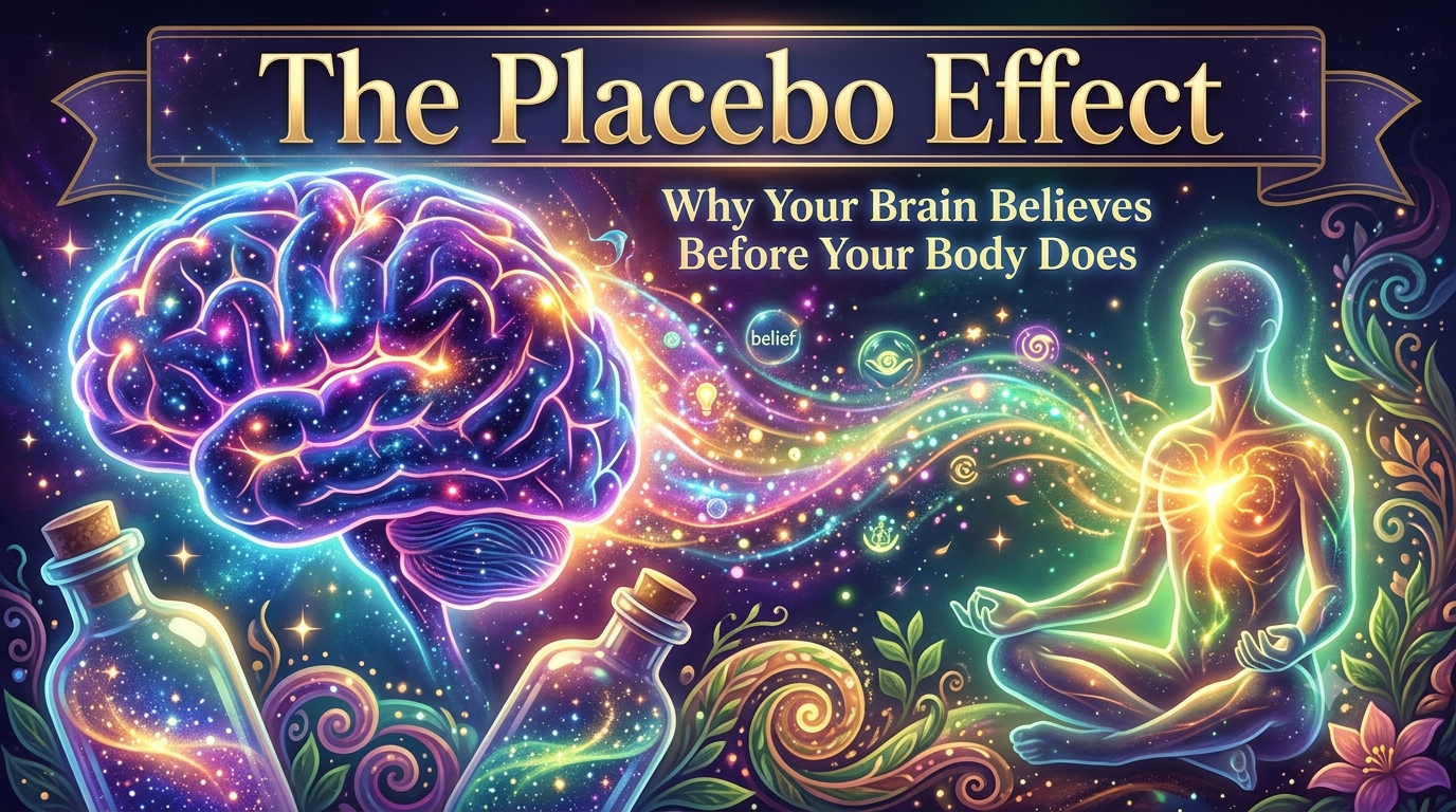 Placebo Effect: A vibrant artwork depicting a glowing brain sending streams of colorful light to a meditating human silhouette to represent the placebo effect.