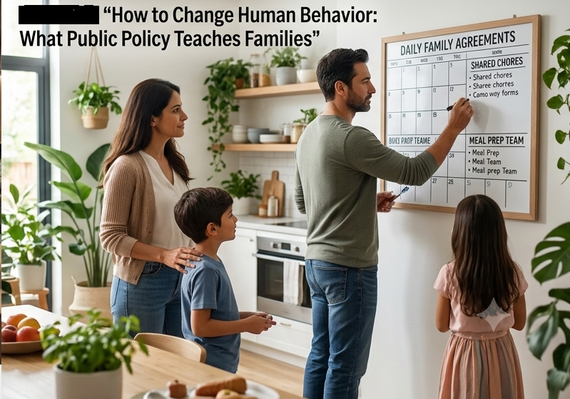 How to Change Human Behavior:: A wife and her two children watching her husband updating a white board that reads daily family agreements