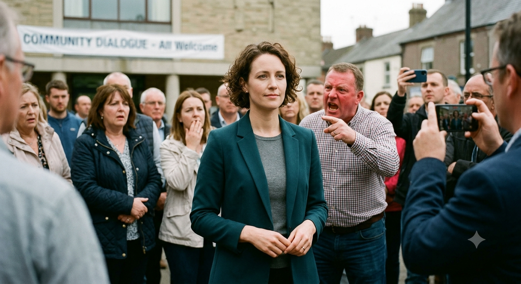 A calm woman standing composed in a crowd while a man shouting public insults gestures aggressively behind her.