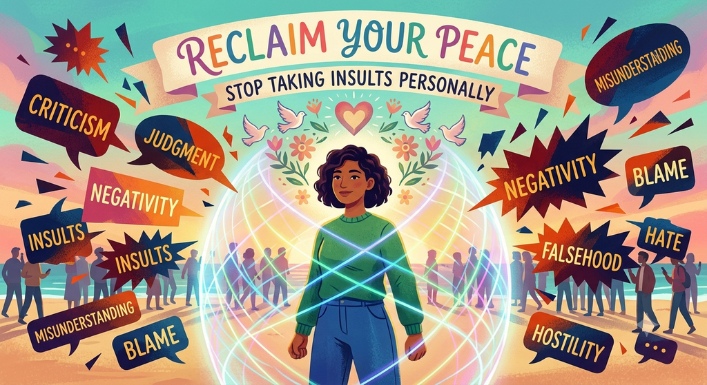 Ignore insults: An artistic illustration showing a serene person standing calmly inside a luminous glowing shield, with sharp, noisy speech bubbles dissolving as they hit the protective barrier.